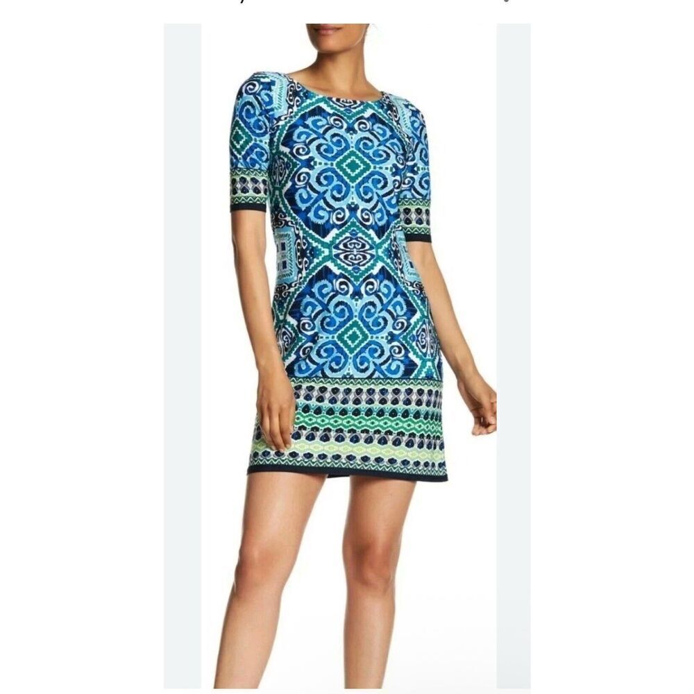 Eliza J Paisley abstract relaxed shift dress blue green 4